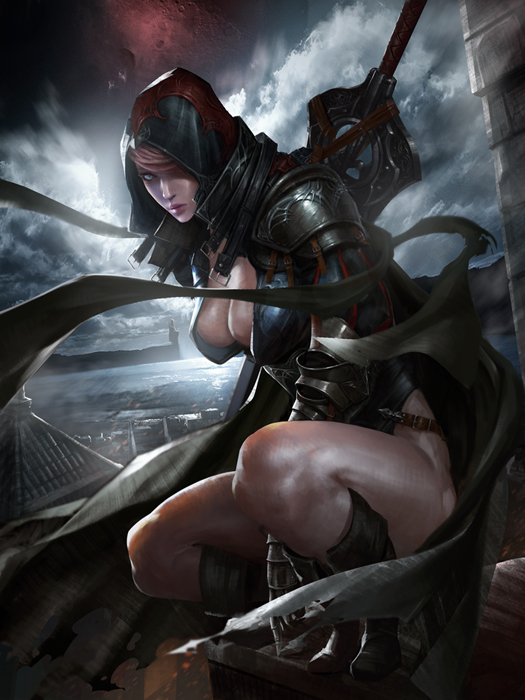 1girl armor bangs between_legs blue_eyes boots breasts cleavage clouds cloudy_sky commentary dress full_body full_moon gauntlets groin hair_over_one_eye hand_between_legs high_collar highleg highleg_dress hood hood_up hooded_dress house knee_boots legs looking_at_viewer medium_breasts mookeun moon night night_sky no_bra ocean one_eye_covered orange_hair original outdoors pauldrons rooftop scarf short_hair sky solo squatting swept_bangs sword thighs water weapon weapon_on_back