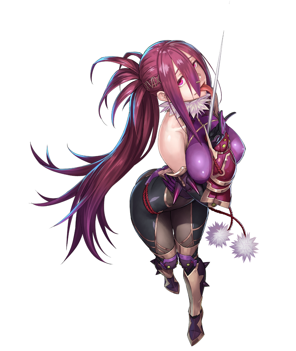 1girl armor armored_boots ass bare_shoulders black_gloves bodysuit boots breast_hold breasts butt_crack elbow_gloves erect_nipples feather_trim foreshortening full_body gloves hair_between_eyes hair_ornament hairclip highres large_breasts leaning_forward licking licking_weapon long_hair looking_at_viewer moth ninja official_art pink_eyes ponytail purple_hair rapier saliva sidelocks solo standing sword taimanin_(series) taimanin_asagi_battle_arena vambraces very_long_hair weapon yanagi_rokuho yuuji_(and)