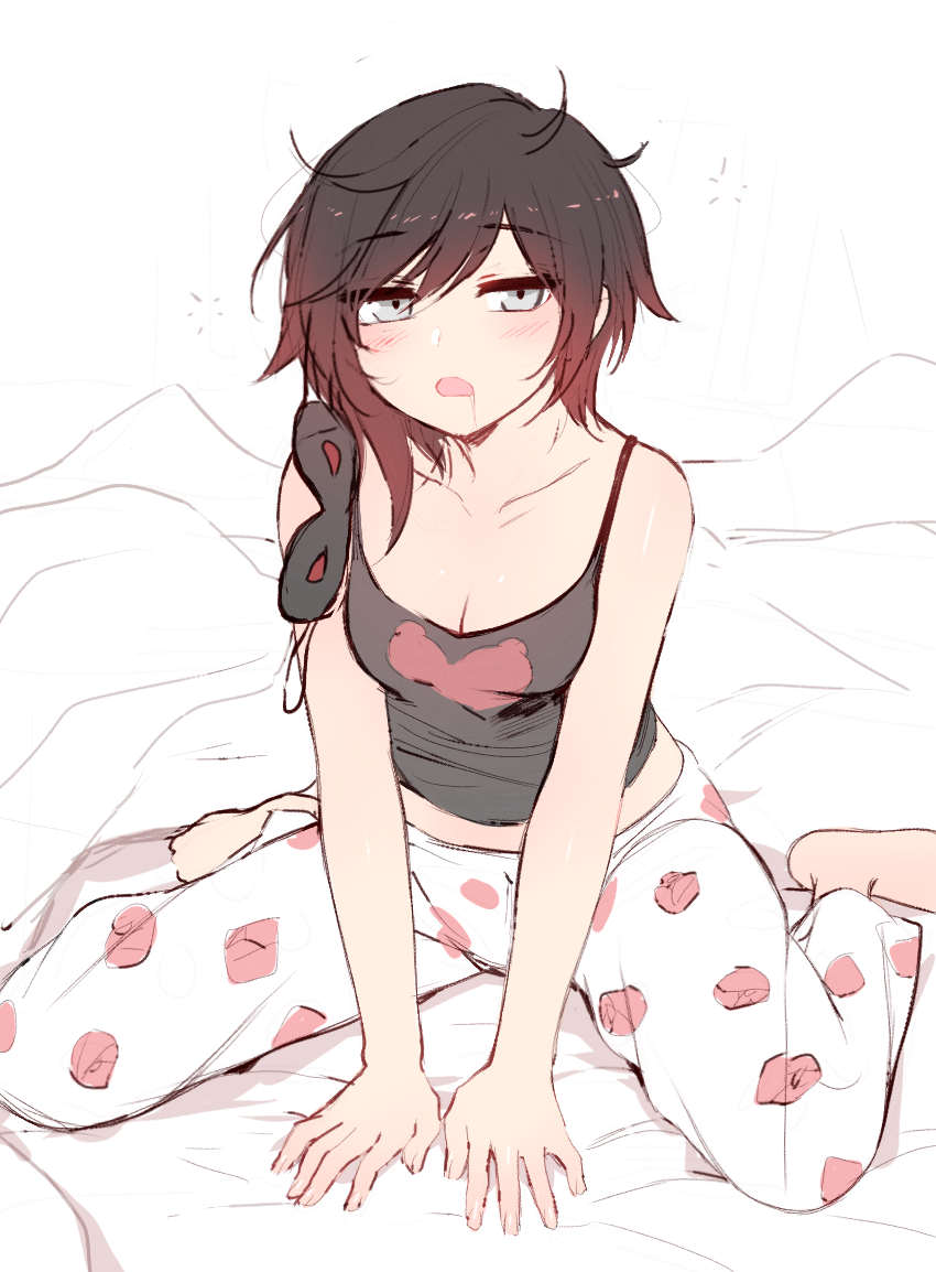 1girl bare_shoulders bed bed_sheet black_hair blush breasts cleavage drooling feet floral_print full_body gradient_hair grey_eyes half-closed_eyes looking_at_viewer medium_breasts messy_hair navel ndgd_(bean1215) on_bed open_mouth pajamas redhead ruby_rose rwby saliva seiza short_hair simple_background sitting sleep_mask sleepwear solo tank_top white_background