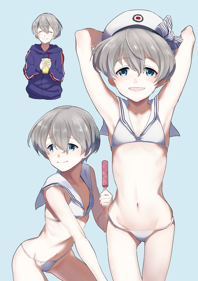 1girl ^_^ bikini blue_background blue_eyes blue_jacket closed_eyes collarbone food hair_between_eyes hat hood hooded_jacket jacket kantai_collection long_sleeves multiple_views open_mouth popsicle sailor_bikini sailor_collar sailor_hat short_hair silver_hair simple_background smile swimsuit tachikoma_(mousou_teikoku) white_bikini white_hat z1_leberecht_maass_(kantai_collection)