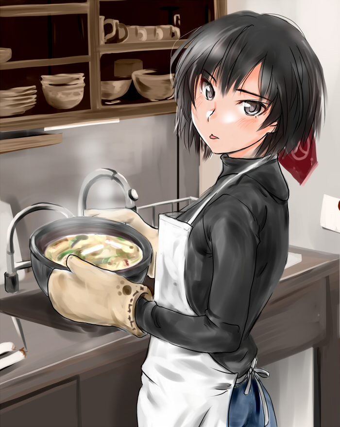 1girl amagami apron black_hair blush bob_cut brown_eyes cooking kitchen murasaki_iro nabe nanasaki_ai oven_mitts short_hair solo tongue tongue_out