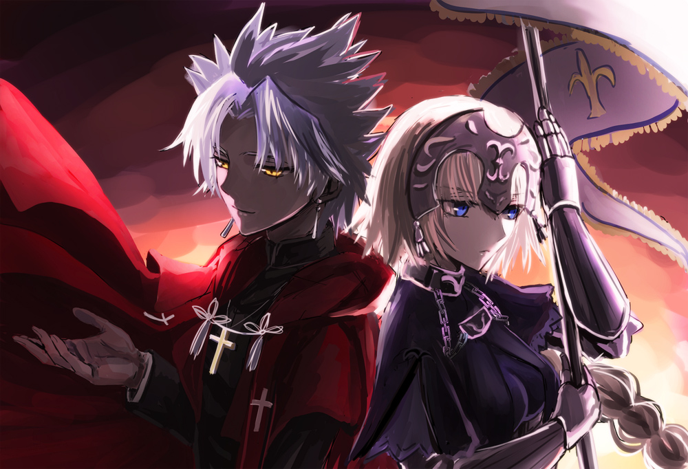 1boy 1girl back-to-back blue_eyes braid chains coat cross cross_necklace fate/apocrypha fate_(series) flag gauntlets headpiece jewelry kotomine_shirou light_smile long_hair long_sleeves necklace red_coat ruler_(fate/apocrypha) single_braid spiky_hair sushimaro upper_body yellow_eyes