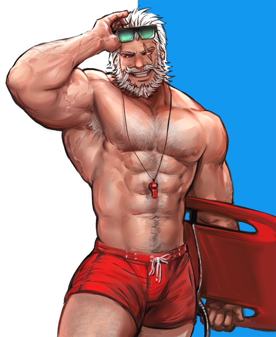 1boy abs armpit_hair bara baywatch blue_eyes chest_hair eyebrows grin male_swimwear manly muscle one-eyed overwatch red_swimsuit reinhardt_(overwatch) smile solo sunglasses sunglasses_on_head surfboard swim_trunks swimsuit swimwear thick_thighs thighs whistle yy6242