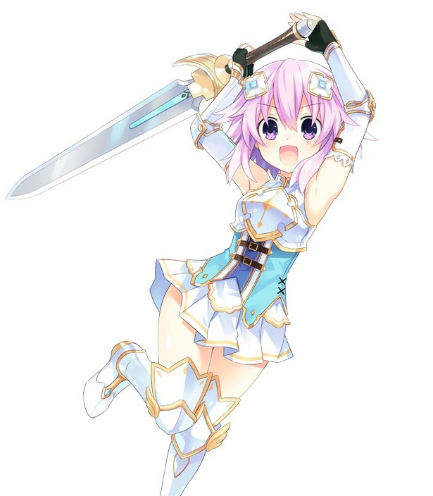 1girl armor armored_boots boots breastplate dress elbow_gloves eyebrows_visible_through_hair fingerless_gloves four_goddesses_online:_cyber_dimension_neptune gauntlets gloves hair_ornament holding holding_weapon knee_boots looking_at_viewer neptune_(choujigen_game_neptune) neptune_(series) official_art open_mouth pleated_skirt purple_hair short_dress short_hair skirt sleeveless smile sword thigh-highs tsunako violet_eyes weapon zettai_ryouiki