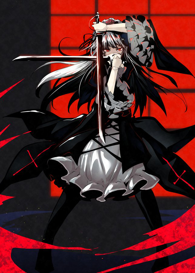 1girl black_dress black_legwear commentary_request covered_mouth cross crossed_swords doll_joints dress dual_wielding frilled_sleeves frills gothic_lolita hairband hellsing juliet_sleeves katana lolita_fashion lolita_hairband long_hair long_sleeves looking_at_viewer pantyhose puffy_sleeves red_eyes rozen_maiden sidelocks silver_hair solo suigintou sword tousen unsheathed weapon wide_sleeves