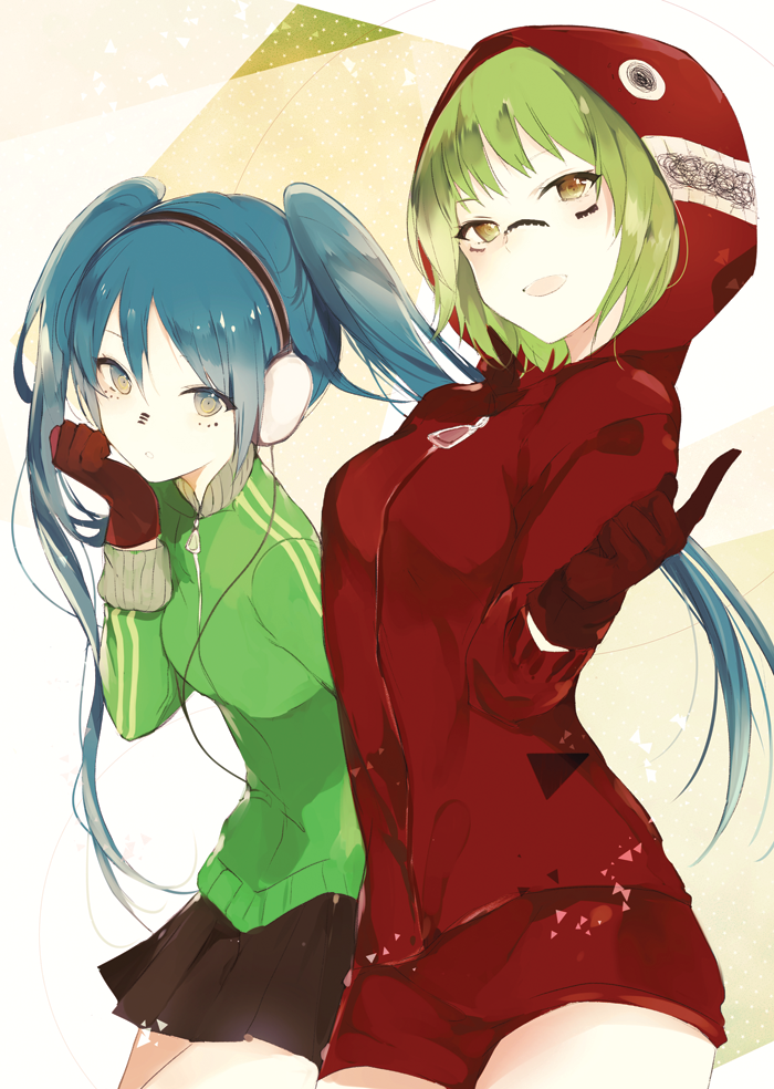 2girls :d bangs black_skirt blue_hair blush breasts brown_eyes closed_mouth cowboy_shot facepaint gloves green_hair green_jacket gumi hand_on_own_chin hatsune_miku headphones hood hood_up hoodie index_finger_raised jacket leaning_forward long_sleeves looking_at_viewer lpip matryoshka_(vocaloid) medium_breasts miniskirt multiple_girls open_mouth pleated_skirt red_gloves red_shorts ringed_eyes short_hair short_shorts shorts skirt smile standing thighs track_jacket triangle twintails two-tone_background vocaloid zipper
