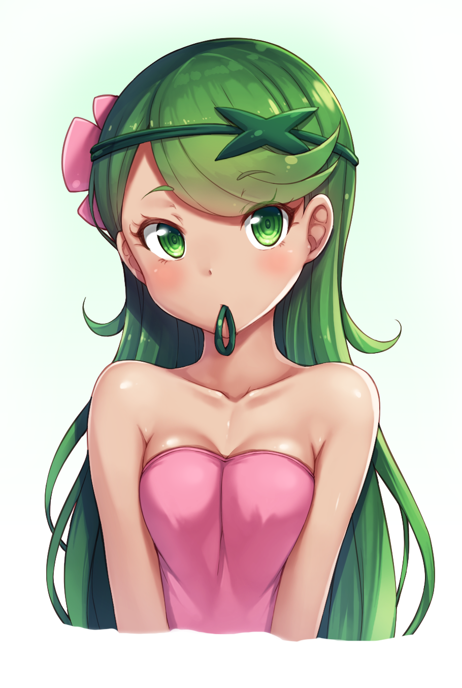 1girl alternate_hairstyle arm arms_at_sides bare_arms bare_shoulders blush breasts cleavage collarbone dark_skin female flower green_eyes green_hair green_hairband hair_down hair_flower hair_ornament hairband highres long_hair looking_at_viewer mallow_(pokemon) matching_hair/eyes medium_breasts mouth_hold neck nintendo pink_tubetop pokemon pokemon_(anime) pokemon_(game) pokemon_sm simple_background snowcanvas solo strapless trial_captain tubetop upper_body white_background