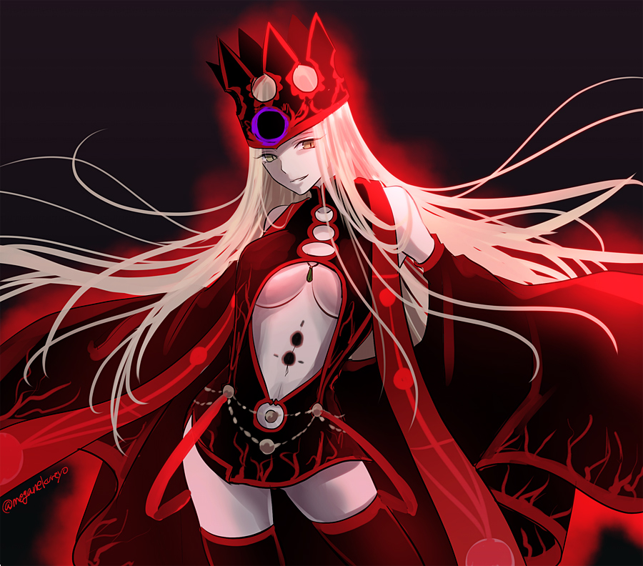 1girl bare_shoulders black_legwear breasts cowboy_shot crown detached_sleeves dress_of_heaven fate/grand_order fate_(series) floating_hair justeaze_lizrich_von_einzbern large_breasts long_hair long_sleeves looking_at_viewer navel pale_skin red_eyes revealing_clothes sleeves_past_wrists smile solo sushimaro thigh-highs twitter_username under_boob white_hair wide_sleeves