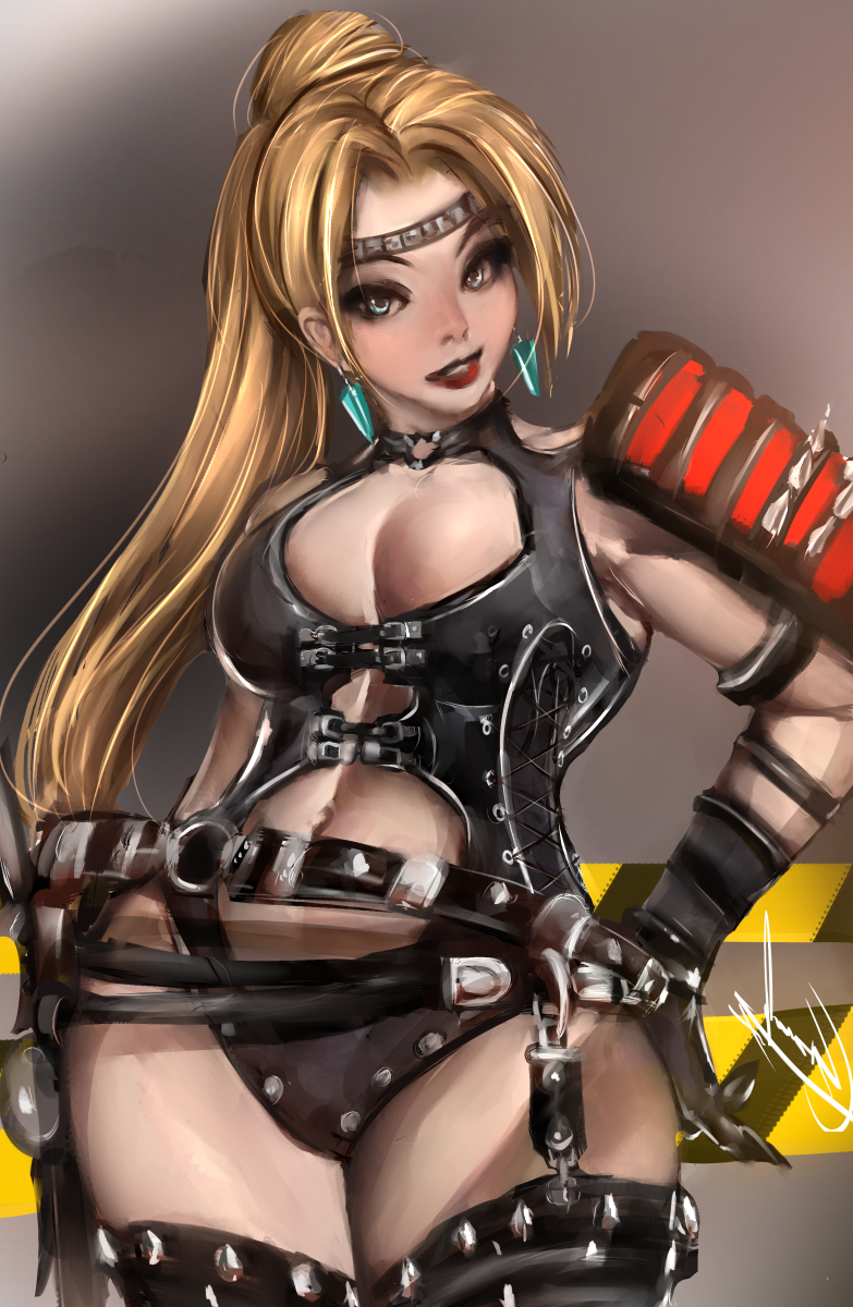 1girl blonde_hair blue_eyes breasts center_opening circlet cleavage earrings hand_on_hip highres jewelry lace-up large_breasts leather lipstick long_hair makeup mascara multiple_belts navel ninja_gaiden orion-m pauldrons ponytail rachel_(ninja_gaiden) revealing_clothes signature solo spikes thigh-highs