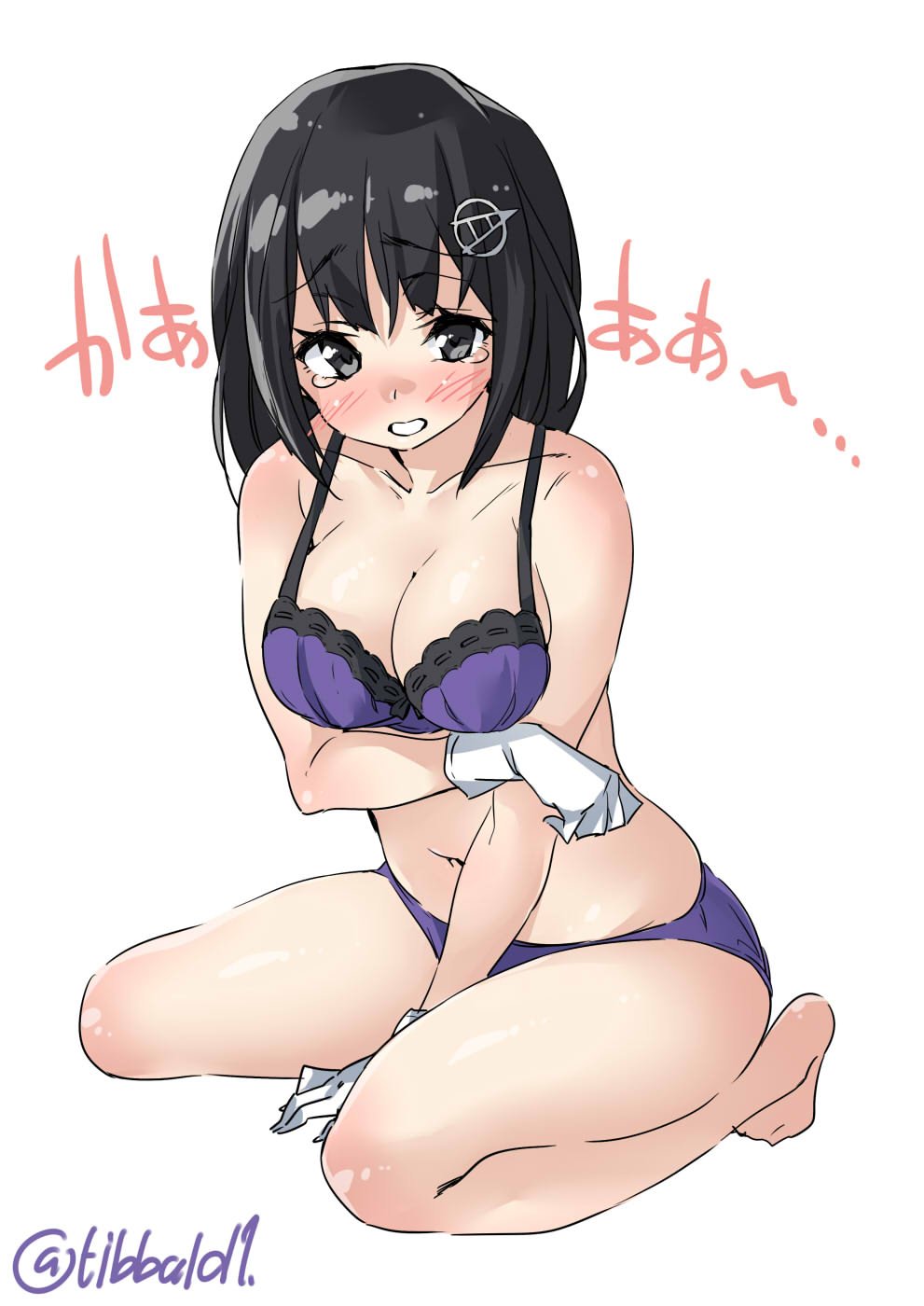1girl bangs bare_legs barefoot between_legs black_eyes black_hair blush bra breasts cleavage collarbone ebifurya eyebrows_visible_through_hair full_body gloves haguro_(kantai_collection) hair_ornament hairclip hand_between_legs highres kantai_collection looking_at_viewer medium_breasts navel open_mouth panties purple_bra purple_panties simple_background sitting solo stomach tears twitter_username underwear underwear_only white_background white_gloves