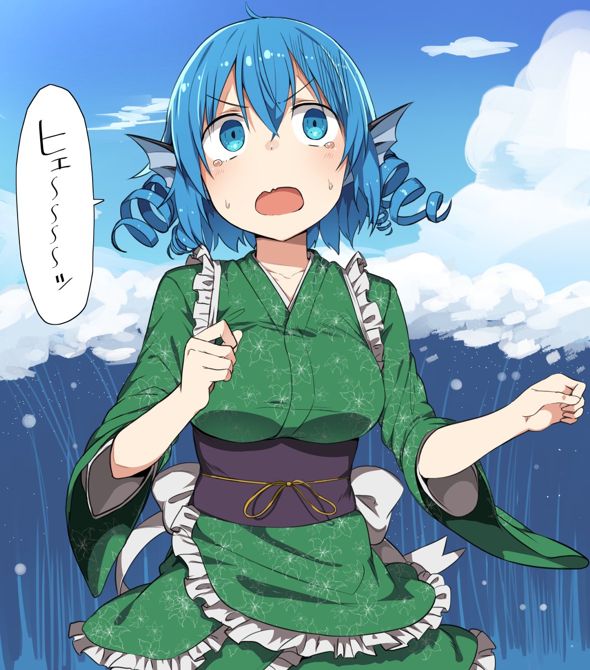 &gt;:o 1girl 5240mosu :o blue_eyes blue_hair clouds cloudy_sky drill_hair fleeing frilled_kimono frills head_fins highres japanese_clothes kimono obi open_mouth sash short_hair sky solo tears touhou wakasagihime waves
