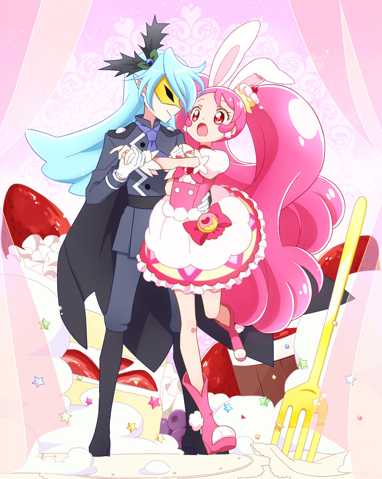 1boy 1girl :o androgynous animal_ears blue_hair boots cake_hair_ornament cape commentary_request cure_whip earrings epaulettes extra_ears food food_themed_hair_ornament fork formal fruit gloves hair_ornament hand_holding hand_on_another's_hip jewelry julio_(kirakira_precure_a_la_mode) kirakira_precure_a_la_mode long_hair magical_girl mask necktie open_mouth pink pink_choker pink_eyes pink_hair pointy_ears precure puffy_short_sleeves puffy_sleeves rabbit_ears short_sleeves smile strawberry strawberry_shortcake suit twintails usami_ichika whipped_cream white_gloves yui_(kanatamoo)