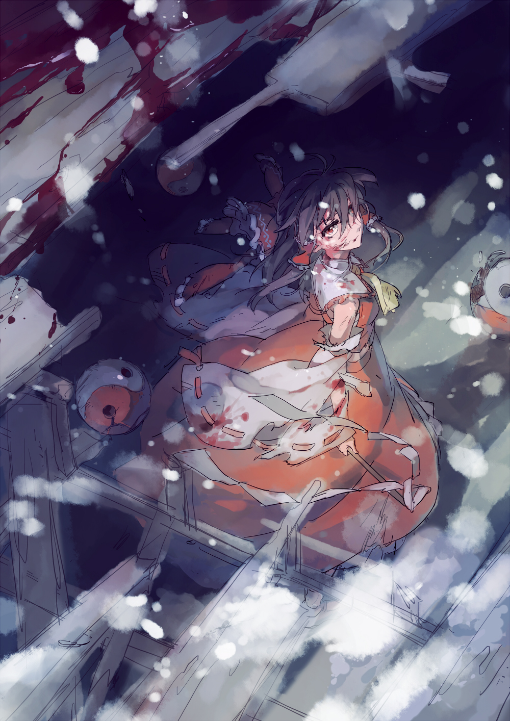 1girl artist_request black_hair blood detached_sleeves gohei hair_over_one_eye hair_ribbon hair_tubes hakurei_reimu highres injury long_hair looking_at_viewer looking_up neckerchief nontraditional_miko red_eyes ribbon ruins scratches skirt snow solo torn_clothes touhou yin_yang_orb