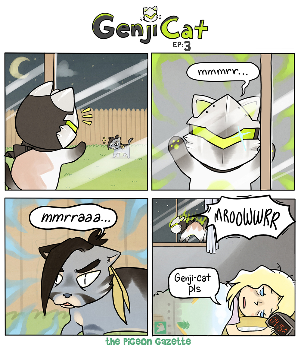 1girl alarm_clock animalization aura bags_under_eyes blonde_hair cat clock comic english genji_(overwatch) hanzo_(overwatch) mercy_(overwatch) overwatch pigeoneer_jane sleepy