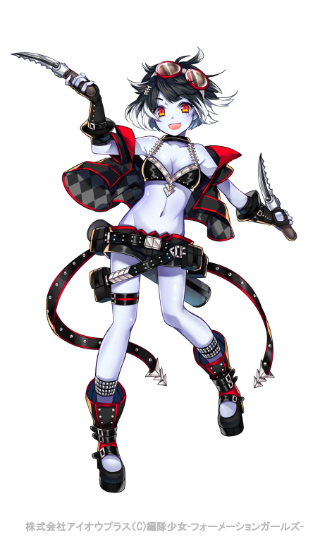 1girl black_hair breasts cleavage dual_wielding formation_girls full_body goggles goggles_on_head grey_skin knife looking_at_viewer marina_fudou medium_breasts multicolored_hair navel official_art open_mouth red_eyes ririkuto short_hair smile solo standing transparent_background vest white_hair