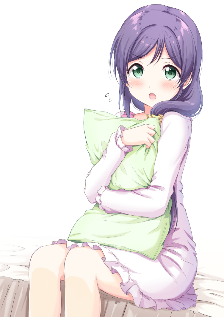 &gt;:o 1girl :o blush commentary_request cover cover_page doujin_cover flying_sweatdrops frilled_sleeves frills green_eyes harunabe_(refresh_star) long_hair long_sleeves looking_at_viewer love_live! love_live!_school_idol_project low-tied_long_hair nightgown on_bed pajamas pillow pillow_hug purple_hair scrunchie sitting sitting_on_bed solo toujou_nozomi yellow_scrunchie