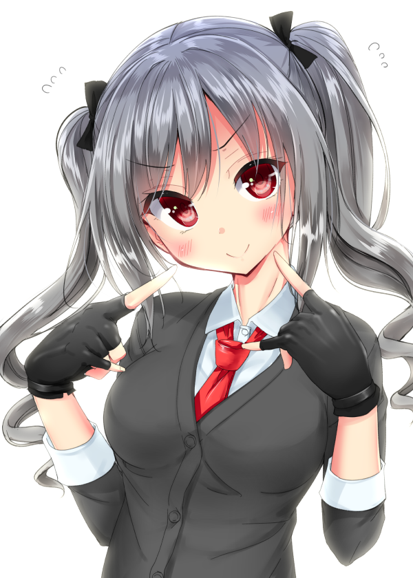 &gt;:) 1girl bangs black_gloves breasts c: cardigan closed_mouth collared_shirt eyebrows_visible_through_hair fingerless_gloves flying_sweatdrops gloves grey_hair idolmaster idolmaster_cinderella_girls kanzaki_ranko long_hair looking_at_viewer medium_breasts mokufuu necktie red_eyes red_necktie ringlets school_uniform shirt simple_background solo twintails upper_body white_background white_shirt