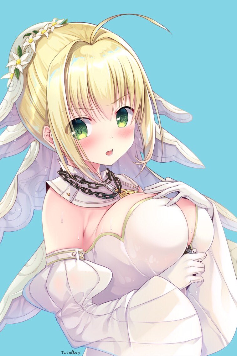 1girl ahoge bangs bare_shoulders blonde_hair blue_background blush breast_lift breasts bridal_veil chains circle_name cleavage detached_collar detached_sleeves eyebrows_visible_through_hair fate/extra fate/extra_ccc fate_(series) furrowed_eyebrows gloves green_eyes hair_intakes hanahanamaki hand_on_own_chest head_wreath large_breasts leotard lock long_sleeves looking_at_viewer padlock saber_bride saber_extra shiny shiny_hair short_hair sidelocks simple_background solo strapless strapless_leotard sweat tareme upper_body veil white_gloves white_leotard wide_sleeves zipper