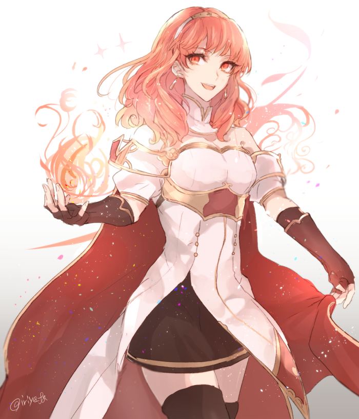 1girl bare_shoulders cape celica_(fire_emblem) earrings fingerless_gloves fire fire_emblem fire_emblem_echoes:_mou_hitori_no_eiyuuou gloves hairband iriya_(lonesome) jewelry red_eyes redhead skirt thigh-highs