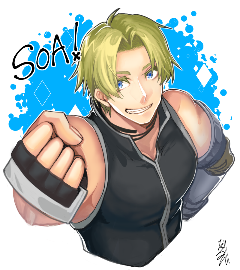 ! 1boy artist_name bare_shoulders blonde_hair blue_eyes cliff_fittir copyright_name dallbee10 fingerless_gloves gloves male_focus simple_background solo star_ocean star_ocean_anamnesis star_ocean_till_the_end_of_time teeth upper_body white_background