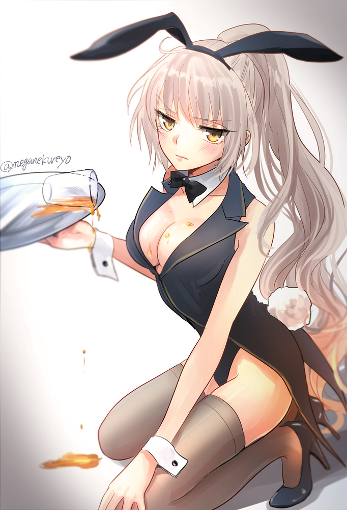 1girl alternate_costume alternate_hairstyle animal_ears blonde_hair bow bowtie breasts bunny_girl bunny_tail bunnysuit cleavage clumsy drink fake_animal_ears fate/grand_order fate_(series) high_heels jeanne_alter large_breasts long_hair looking_at_viewer ponytail rabbit_ears ruler_(fate/apocrypha) solo spill sushimaro tail thigh-highs tray wrist_cuffs yellow_eyes