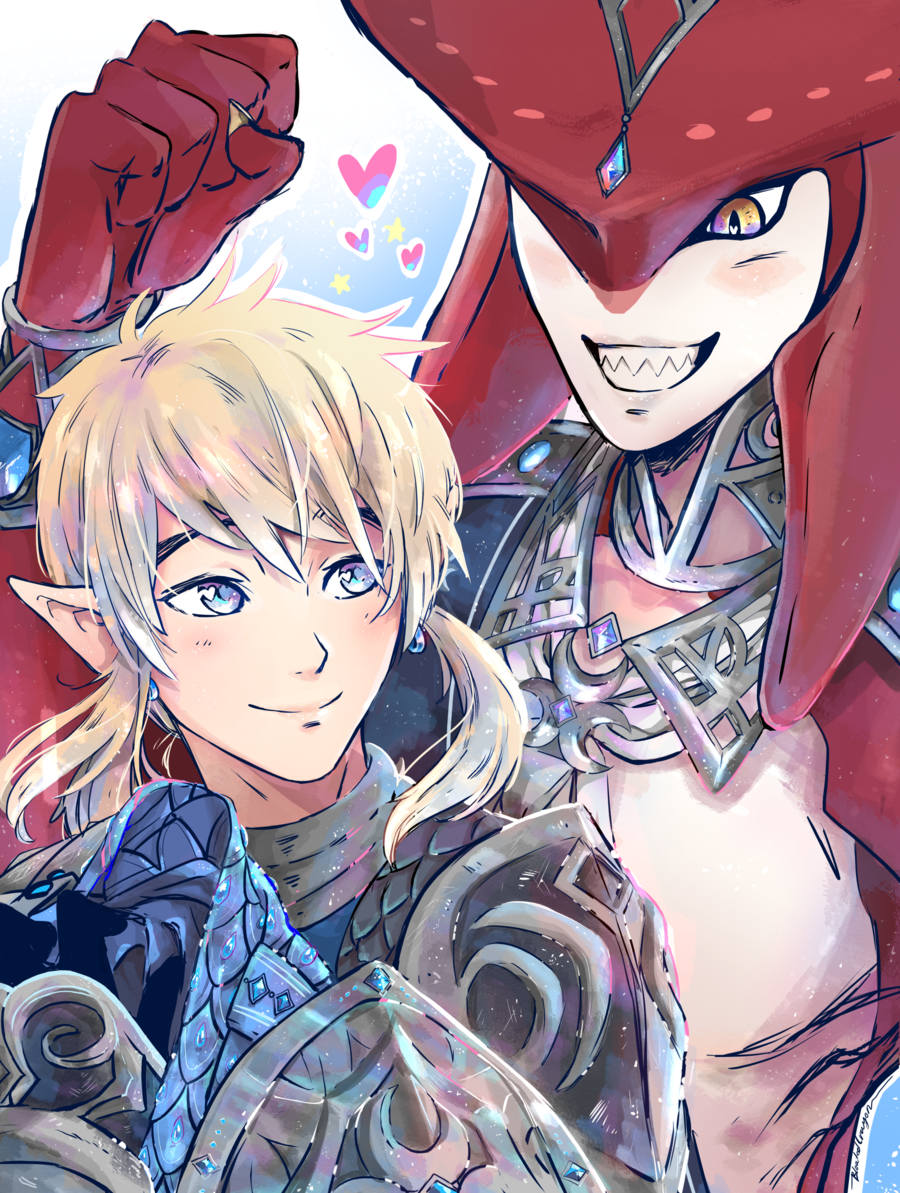 2boys armor blonde_hair blue_eyes fins fishman forehead_jewel heart heart-shaped_pupils jewelry link monster_boy multiple_boys pointy_ears ponytail sharp_teeth sidon smile symbol-shaped_pupils teeth the_legend_of_zelda the_legend_of_zelda:_breath_of_the_wild yaoi yellow_eyes zora