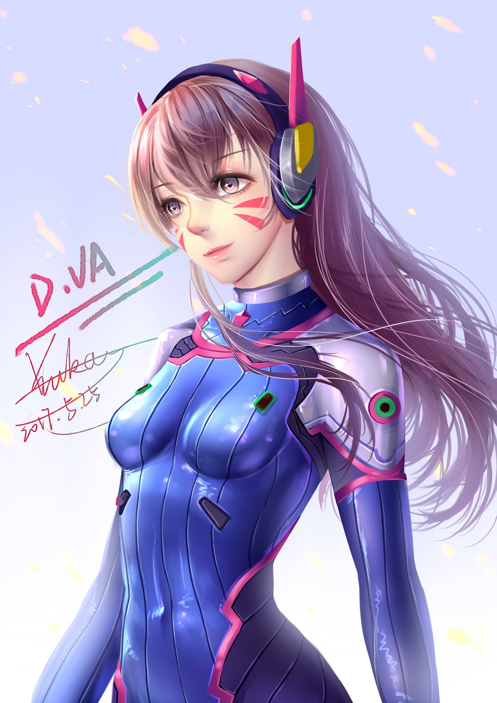 1girl animal_print artist_name bangs blue_bodysuit blue_sky bodysuit breasts brown_eyes brown_hair bunny_print character_name covered_navel d.va_(overwatch) dated day embers eyebrows_visible_through_hair eyelashes facepaint facial_mark hair_between_eyes headphones high_collar highres light_smile long_hair outdoors overwatch pilot_suit pink_lips ribbed_bodysuit shiny shiny_clothes shoulder_pads signature skin_tight sky small_breasts solo swept_bangs upper_body whisker_markings wind yuanchuang