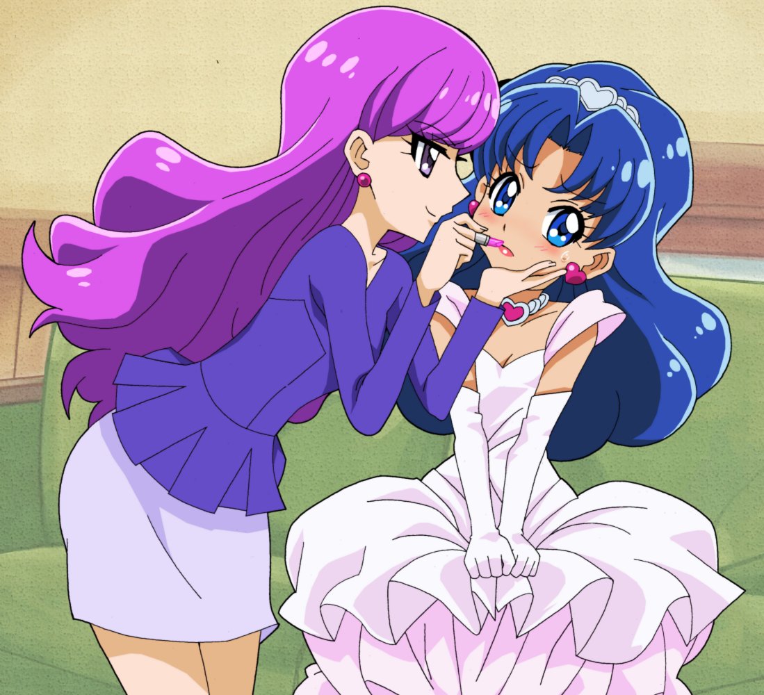 2girls alternate_hairstyle applying_makeup blue_eyes blue_hair blush dress earrings embarrassed gloves hair_down hairband hand_on_another's_cheek hand_on_another's_face jewelry kirakira_precure_a_la_mode kotozume_yukari lipstick long_hair long_sleeves looking_at_viewer makeup masaru_(win800) multiple_girls necklace official_style pencil_skirt precure purple_hair skirt smile smirk sweatdrop tategami_aoi violet_eyes white_dress