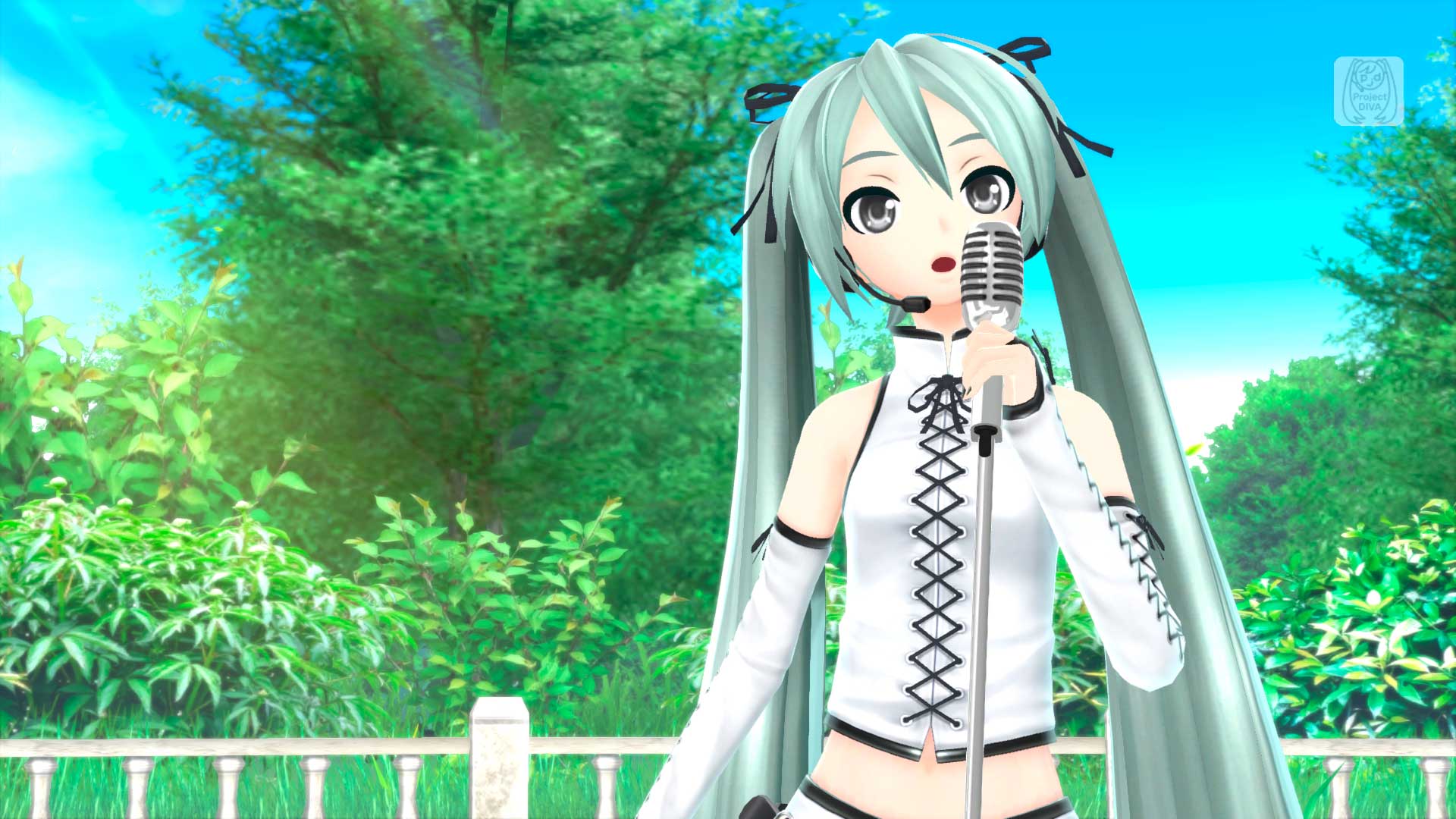 1girl bare_shoulders cropped_shirt detached_sleeves grey_eyes hatsune_miku highres laces microphone music open_mouth project_diva_(series) ribbon screencap shiny shiny_hair shirt singing skirt solo tagme tied_hair twintails watermark white_shirt white_skirt white_sleeves