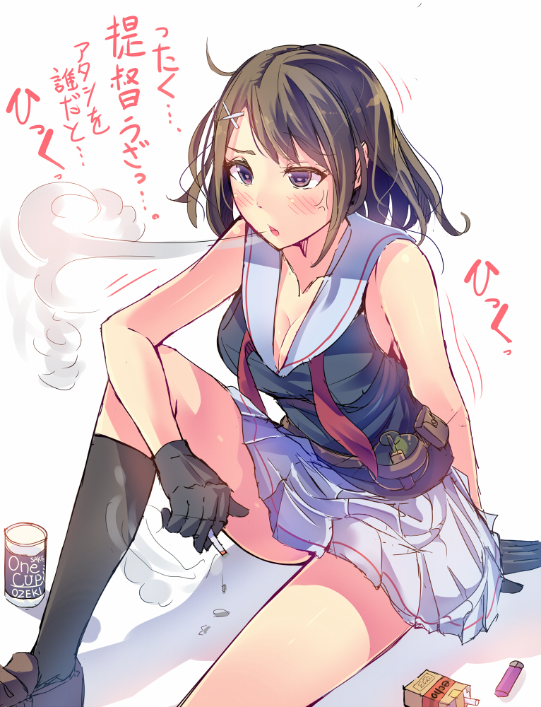 1girl bare_shoulders black_gloves black_legwear blue_eyes brown_hair brown_shoes cigarette cigarette_box daito gloves hair_ornament kantai_collection kneehighs maya_(kantai_collection) open_mouth pleated_skirt shoes short_hair skirt sleeveless smoke smoking solo translation_request white_background white_sailor_collar white_skirt x_hair_ornament