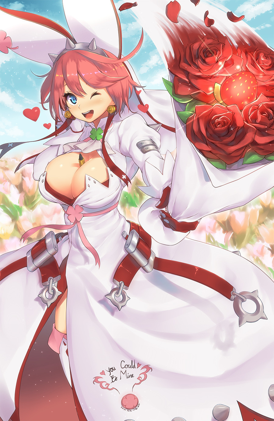 1girl ;d between_breasts blue_eyes blush bouquet breasts cleavage clouds clover dress earrings elphelt_valentine flower food four-leaf_clover fruit guilty_gear guilty_gear_xrd hairband heart highres jewelry large_breasts magister_(medical_whiskey) one_eye_closed open_mouth petals rose short_hair shotgun_shells sky smile solo spikes strawberry thigh-highs