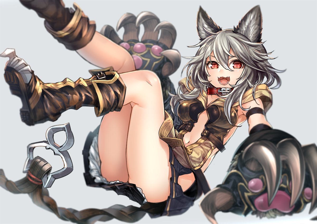 1girl animal_ears bangs black_skirt boots brown_boots claw_(weapon) claws collar erun_(granblue_fantasy) fangs granblue_fantasy grey_background hair_between_eyes kaida_michi legs_up long_hair looking_at_viewer miniskirt navel open_mouth pleated_skirt red_eyes sen_(granblue_fantasy) silver_hair simple_background skirt solo teeth weapon