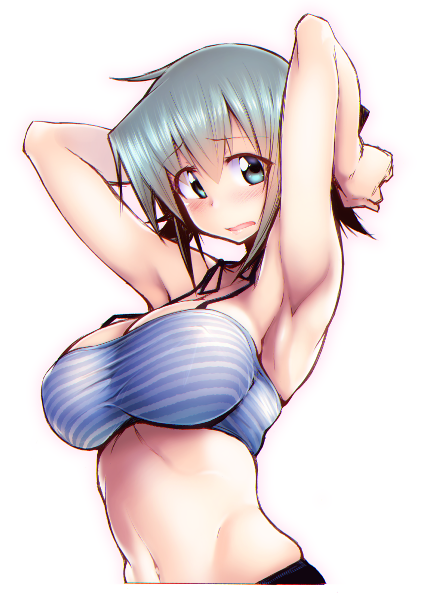 1girl armpits arms_up bikini blue_bikini blue_eyes blue_hair blush breasts do_(taka) hidamari_sketch highres large_breasts navel nori open_mouth short_hair simple_background solo striped striped_bikini swimsuit white_background