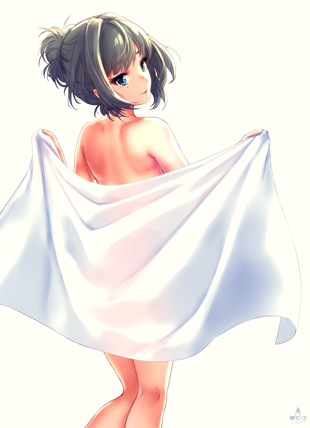 1girl alternate_hairstyle bangs bare_arms bare_back bare_legs bare_shoulders blue_eyes cowboy_shot eyebrows_visible_through_hair fingernails from_behind green_eyes green_hair hair_bun heterochromia highres holding holding_towel idolmaster idolmaster_cinderella_girls infinote legs_together long_fingernails looking_at_viewer looking_back mole mole_under_eye nude parted_lips short_hair shoulder_blades signature simple_background smile solo standing takagaki_kaede towel twisted_neck