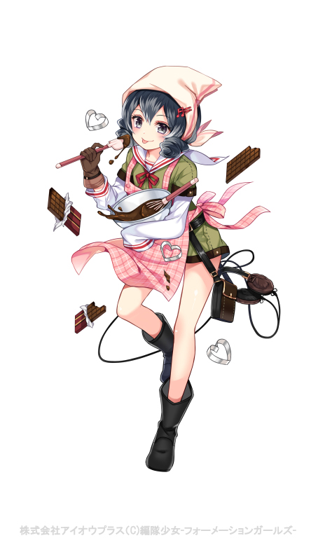 1girl apron boots chocolate cooking copyright earphones formation_girls looking_at_viewer official_art ririkuto solo takato_matsuri transparent_background