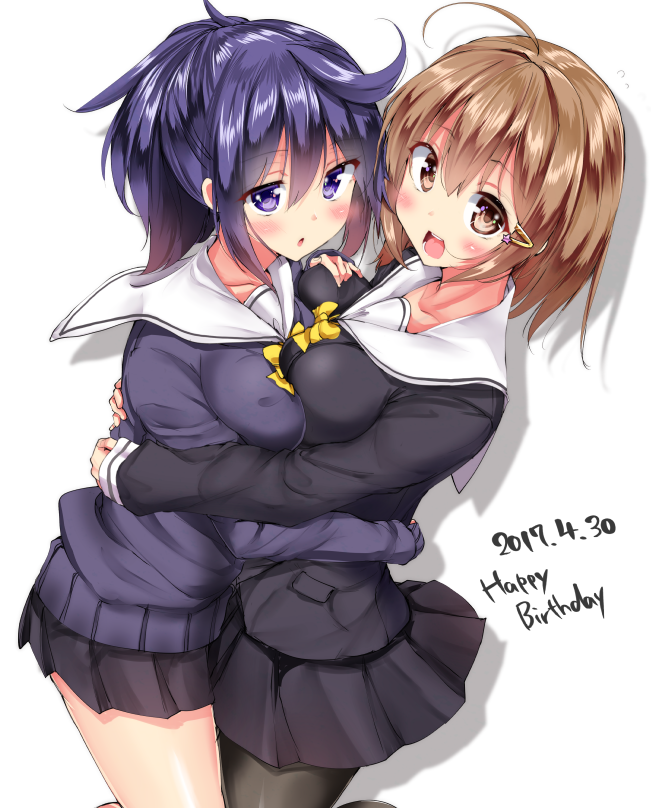 2girls :d :o ahoge asymmetrical_docking bangs black_legwear black_skirt breast_press breasts brown_eyes brown_hair copyright_request cowlick dated eyebrows_visible_through_hair hair_between_eyes happy_birthday long_sleeves looking_at_viewer medium_breasts miniskirt mokufuu multiple_girls open_mouth pantyhose parted_lips pleated_skirt ponytail purple_hair school_uniform serafuku shadow short_hair skirt sleeves_past_wrists smile sweater teeth violet_eyes