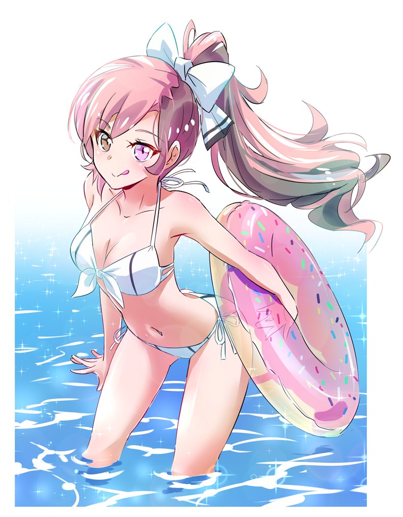 1girl bikini bow breasts brown_eyes brown_hair cleavage commentary doughnut food hair_bow hair_ribbon heterochromia iesupa innertube long_hair looking_at_viewer medium_breasts multicolored_hair navel neo_(rwby) pink_eyes pink_hair ponytail rwby smile solo standing swimsuit tongue tongue_out transparent water