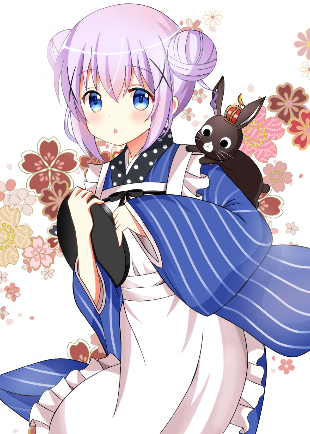 1girl :o ama_usa_an_uniform animal animal_on_shoulder anko_(gochiusa) apron bangs black_ribbon blue_eyes blue_kimono blush chestnut_mouth commentary_request cowboy_shot crescent crown double_bun eyebrows_visible_through_hair floral_background frilled_apron frills gochuumon_wa_usagi_desu_ka? hair_ornament hairclip highres holding holding_tray japanese_clothes kafuu_chino kimono lavender_hair long_sleeves looking_at_viewer mini_crown on_shoulder open_mouth polka_dot rabbit ribbon ryoutan short_hair sidelocks standing striped striped_kimono tray vertical-striped_kimono vertical_stripes white_apron white_background wide_sleeves x_hair_ornament