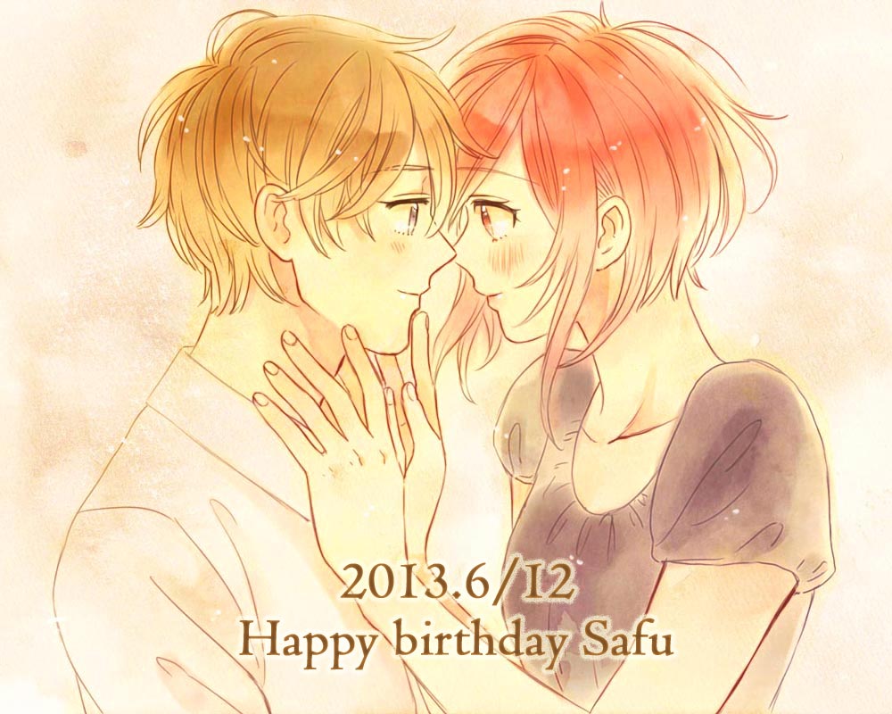 1boy 1girl 2013 alternate_costume birthday blush brown_hair character_name collarbone couple dated datte_waka eye_contact eyebrows_visible_through_hair face-to-face hands_on_another's_face happy_birthday looking_at_another no.6 red_eyes redhead safu shion_(no.6) short_hair smile upper_body