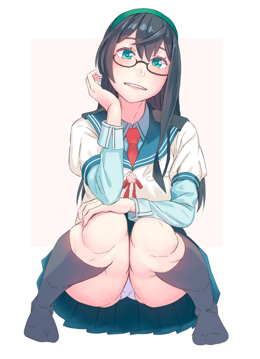 1girl black_hair black_legwear blush foreshortening glasses green_eyes green_hairband green_skirt hair_between_eyes highres kantai_collection kneehighs long_hair long_sleeves looking_at_viewer necktie ooyodo_(kantai_collection) panties pantyshot pantyshot_(squatting) parted_lips red_necktie school_uniform semi-rimless_glasses serafuku skirt smile solo squatting under-rim_glasses underwear white_panties yuuji_(and)