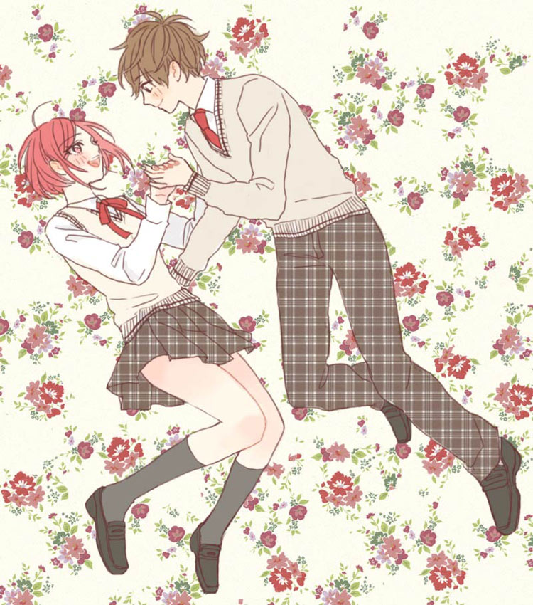 1boy 1girl ahoge alternate_costume blush brown_hair datte_waka floating floral_background hand_holding looking_at_another necktie no.6 open_mouth pants plaid plaid_pants plaid_skirt pleated_skirt red_eyes redhead ribbon safu school_uniform shion_(no.6) short_hair skirt smile sweater sweater_vest