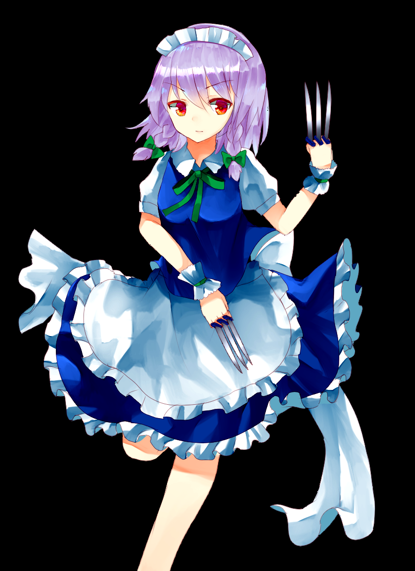 &gt;:( 1girl apron bangs black_background blue_dress bow braid breasts closed_mouth cowboy_shot dress dual_wielding frilled_dress frills green_bow green_ribbon hair_bow holding holding_knife izayoi_sakuya knife knives_between_fingers looking_at_viewer maid maid_headdress neck_ribbon puffy_short_sleeves puffy_sleeves red_eyes ribbon sakipsakip short_sleeves solo touhou twin_braids waist_apron wrist_cuffs