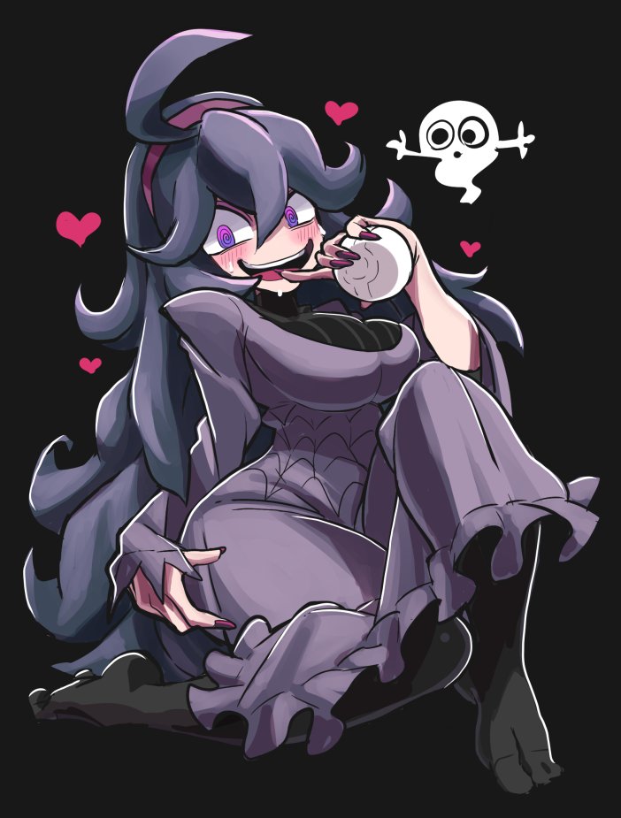 1girl @_@ ahoge al_bhed_eyes bags_under_eyes black_background blush breasts dress gashi-gashi ghost hairband heart hex_maniac_(pokemon) large_breasts long_hair looking_at_viewer messy_hair nail_polish no_shoes npc npc_trainer open_mouth pantyhose poke_ball pokemon pokemon_(game) pokemon_xy purple_hair simple_background smile solo sweat sweater violet_eyes