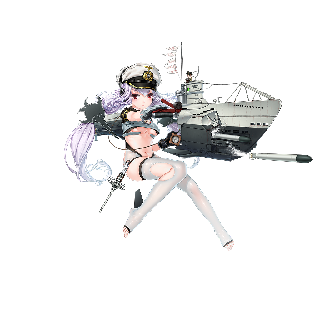 1girl anchor black_gloves breasts cleavage closed_mouth eyebrows_visible_through_hair full_body gloves grey_gloves hair_between_eyes hat headphones lavender_hair looking_at_viewer low_twintails machinery medium_breasts military_hat multicolored multicolored_clothes multicolored_gloves navel official_art peaked_cap rail_(silverbow) red_eyes short_sleeves solo stopwatch submarine swimsuit thigh-highs toeless_legwear toes torpedo transparent_background twintails u-96_(submarine) u96_(zhan_jian_shao_nyu) under_boob watch watercraft white_hat white_legwear zhan_jian_shao_nyu