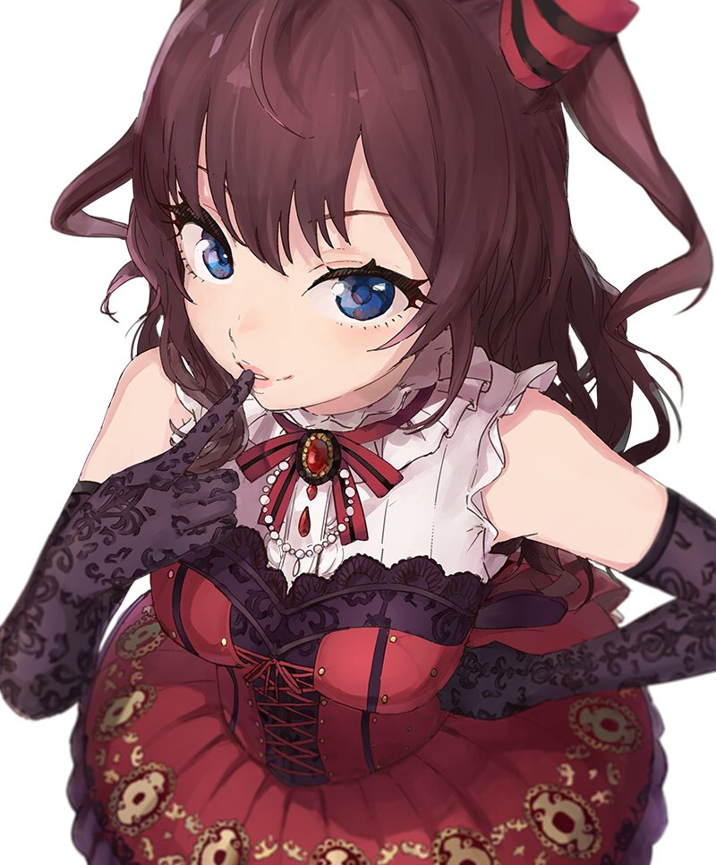 1girl bangs bare_shoulders black_gloves blue_eyes bow brown_hair corset dress elbow_gloves finger_to_mouth frills gloves hand_on_hip ichinose_shiki idolmaster idolmaster_cinderella_girls idolmaster_cinderella_girls_starlight_stage jewelry long_hair looking_at_viewer looking_up pendant red_dress smile solo twintails wavy_hair youmak