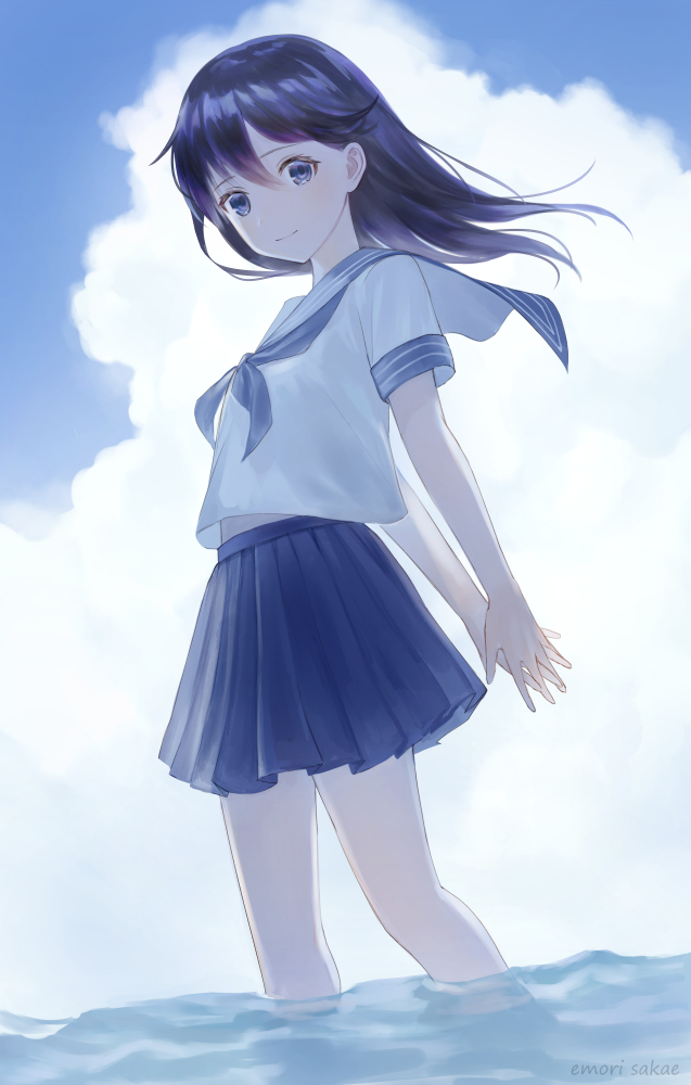 1girl arms_behind_back belly_peek black_hair blue_eyes blue_skirt closed_mouth clouds day dutch_angle emori_sakae hair_between_eyes long_hair neckerchief original outdoors own_hands_together partially_submerged pleated_skirt school_uniform serafuku shirt short_sleeves skirt sky smile solo standing water white_shirt wind