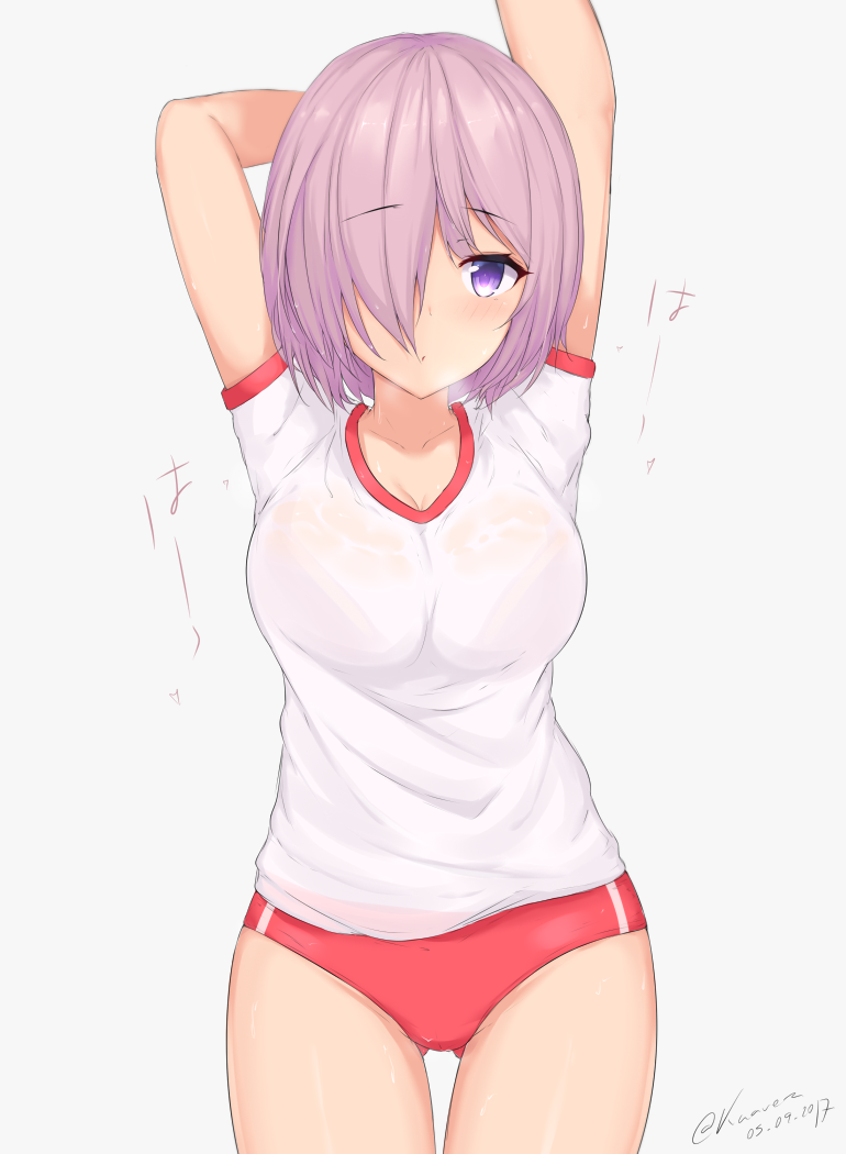 1girl alternate_costume arm_behind_head arm_up bra breasts buruma cleavage closed_mouth dated fate/grand_order fate_(series) gluteal_fold grey_background gym_uniform hair_over_one_eye hand_on_arm kuavera looking_at_viewer pink_hair purple_bra red_buruma see-through shielder_(fate/grand_order) shirt short_hair short_sleeves simple_background solo sportswear twitter_username underwear violet_eyes wet wet_clothes wet_shirt