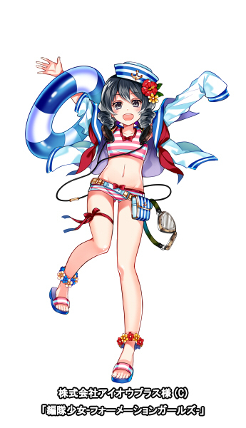 1girl copyright drill_hair earphones formation_girls goggles goggles_removed official_art ririkuto sandals swimsuit takato_matsuri transparent_background