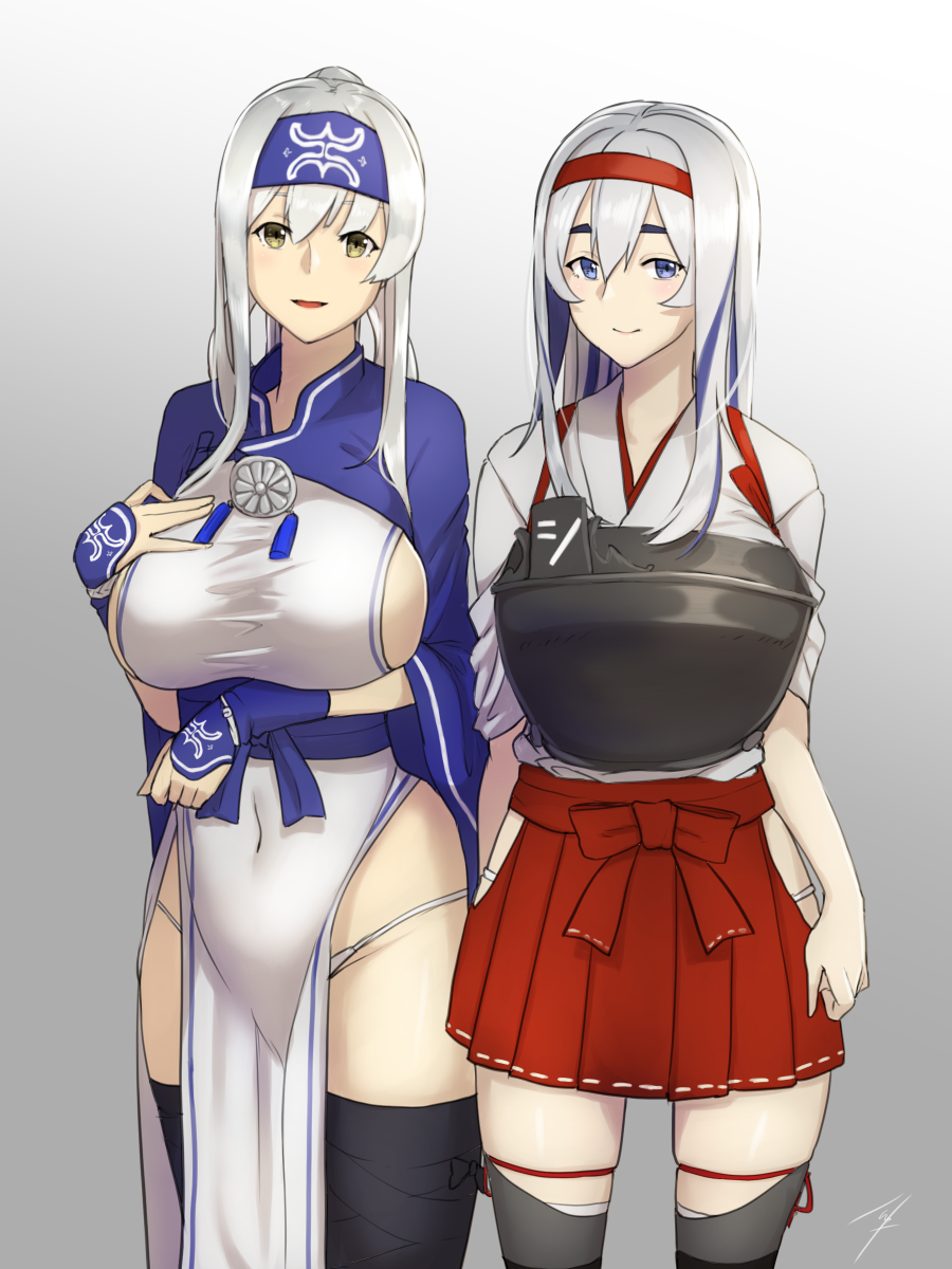 2girls arms_at_sides artist_name black_legwear blue_eyes breasts closed_mouth collarbone cosplay costume_switch covered_navel fingerless_gloves gloves gradient gradient_background grey_background hair_between_eyes hakama hand_on_own_chest headband highres japanese_clothes kamoi_(kantai_collection) kamoi_(kantai_collection)_(cosplay) kantai_collection large_breasts long_hair look-alike looking_at_viewer multiple_girls muneate open_mouth pale_skin panties ponytail red_hakama remodel_(kantai_collection) short_sleeves shoukaku_(kantai_collection) shoukaku_(kantai_collection)_(cosplay) silver_hair standing taka_(vert_320) thick_eyebrows thigh-highs underwear white_panties wide_sleeves yellow_eyes