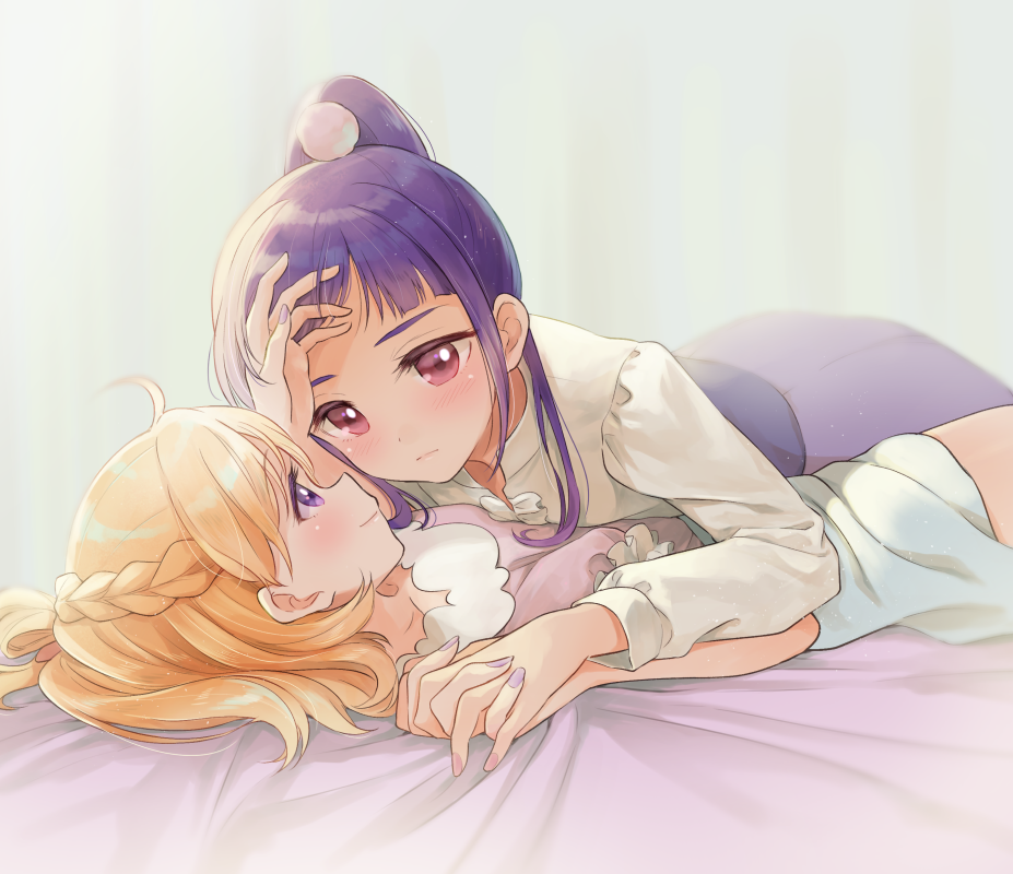 2girls asahina_mirai blonde_hair blush braid crown_braid eye_contact gobou_1000 hand_holding hand_on_forehead hug izayoi_liko long_hair looking_at_another mahou_girls_precure! multiple_girls nail_polish on_bed on_person ponytail precure purple_hair smile violet_eyes yuri